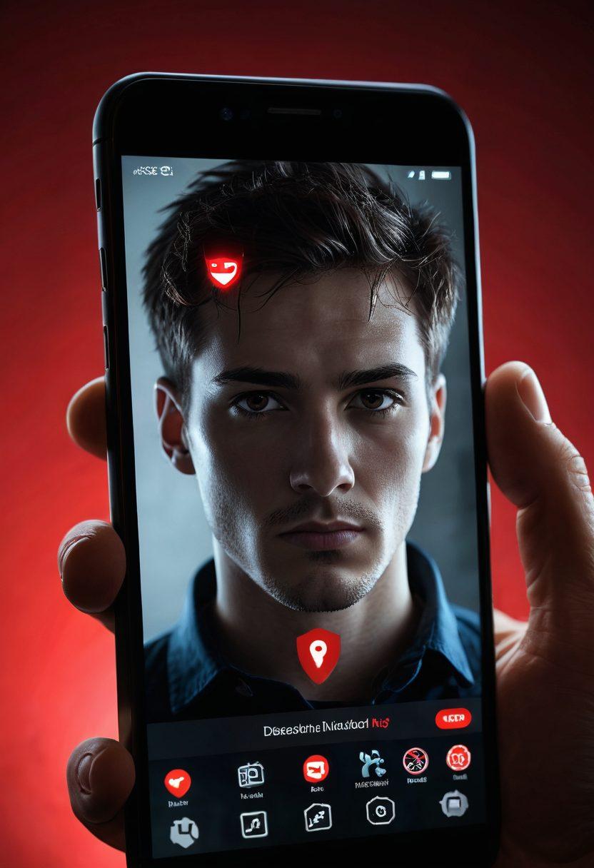 A close-up of a smartphone screen displaying multiple incoming call notifications with bright red warning symbols. In the background, a blurred silhouette of a person looking concerned, symbolizing the anxiety of unwanted calls. Incorporate visual elements like a shield or padlock to represent security and privacy. Use a dark theme with vibrant, contrasting colors to emphasize urgency and danger. super-realistic. vibrant colors. 3D.